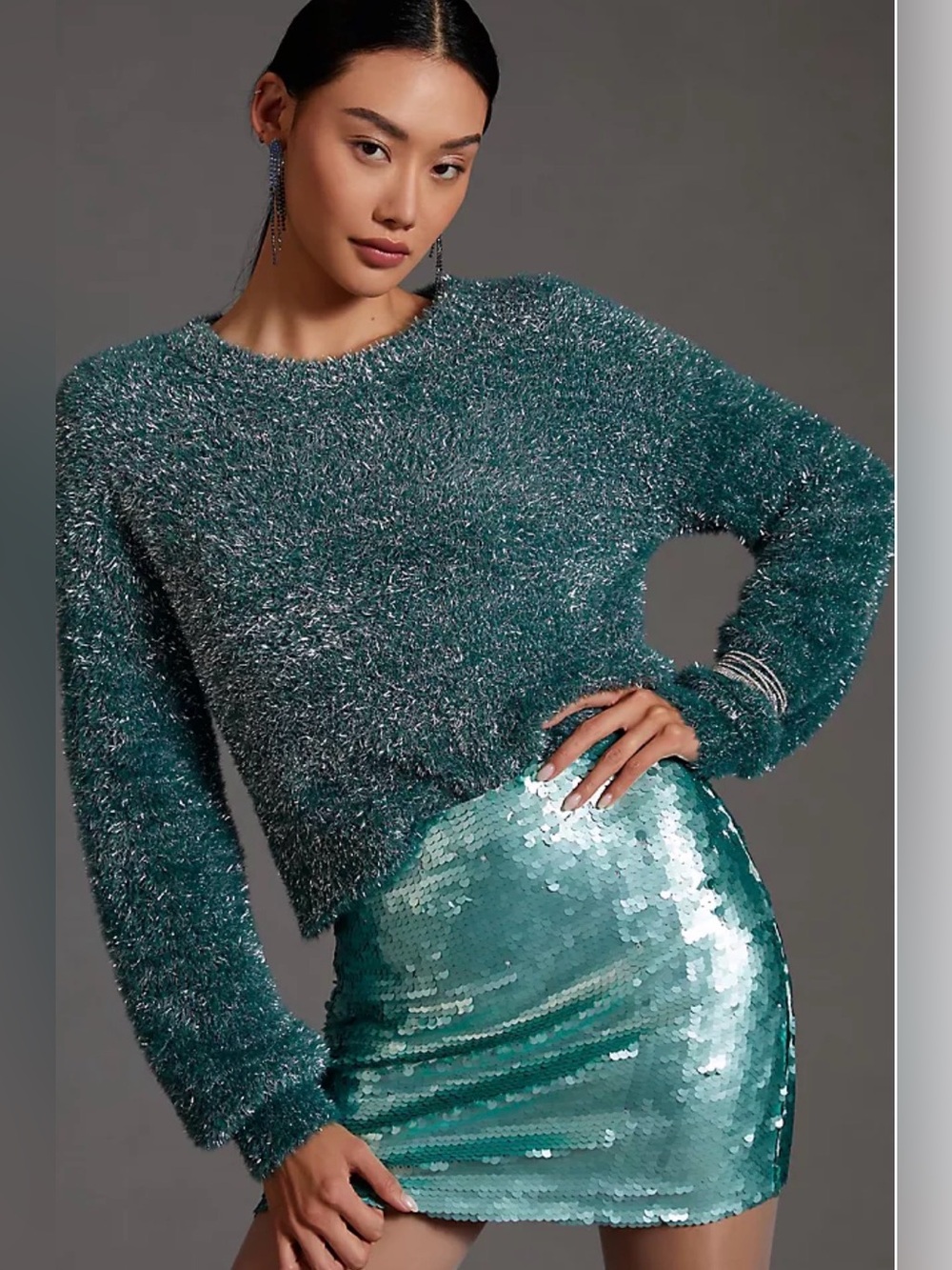 Anthropologie Teal Metallic Fuzzy Crewneck Sweater